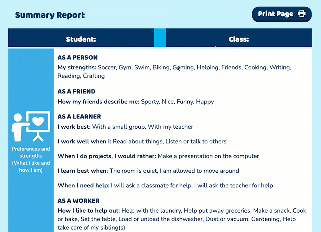 A screenshot of a student summary report showing preferences and strength as a person, friend, learner and work.
