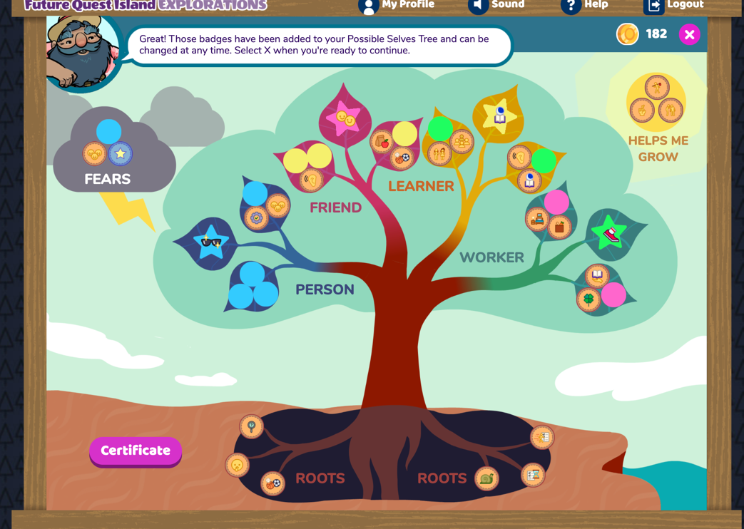 A colorful Possible Selves tree with roots, 4 branches for person, friend, learner, and worker, a fears cloud, a sun for growth.